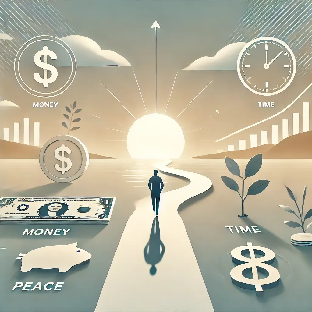 Conceptual illustration of a minimalist journey to financial freedom with icons for money, time, and peace