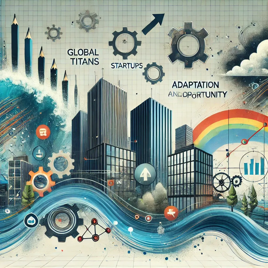Illustration of tech giants and startups navigating global crises and opportunities