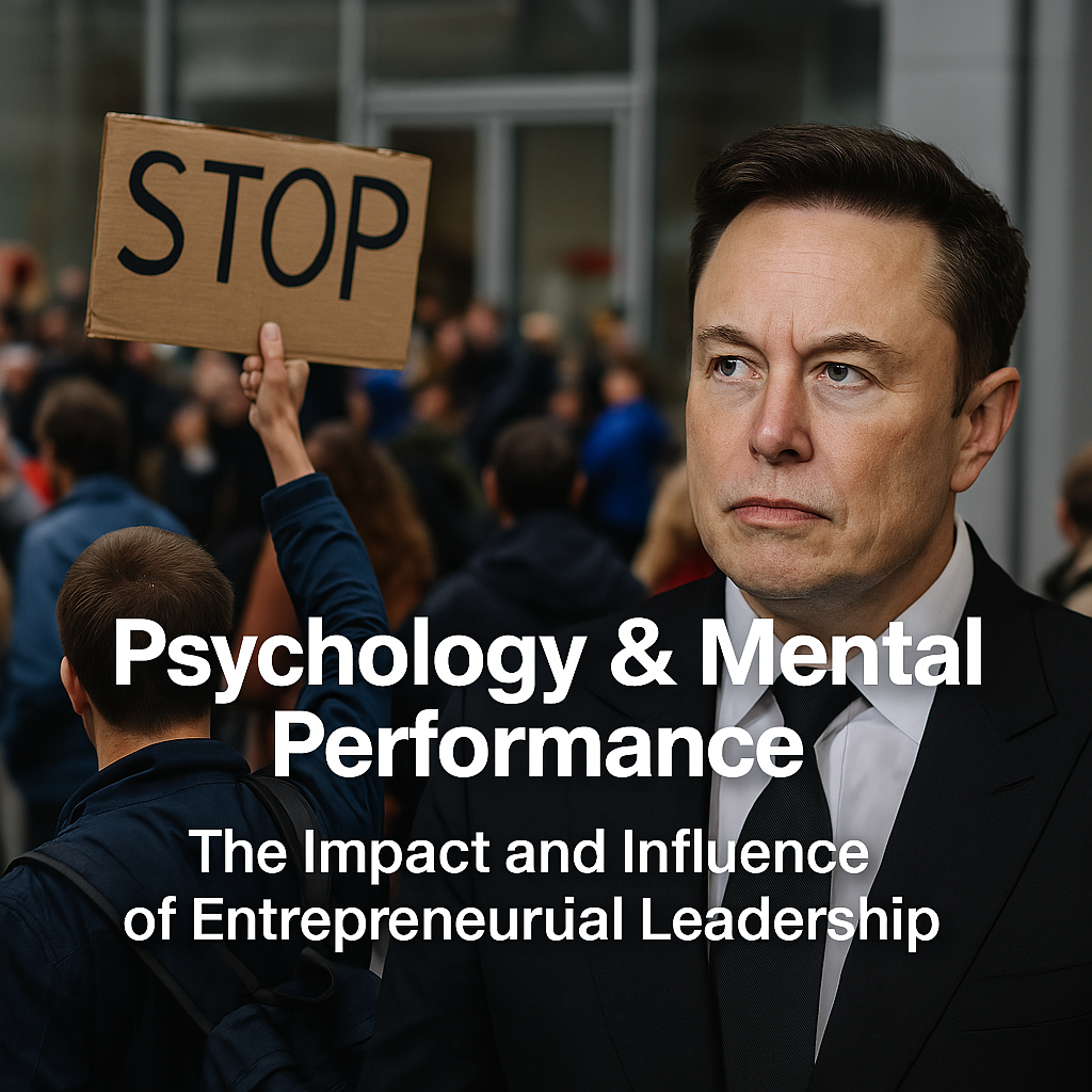 Elon Musk contrasted with protest scene, illustrating the psychological impact of entrepreneurial leadership and public backlash.