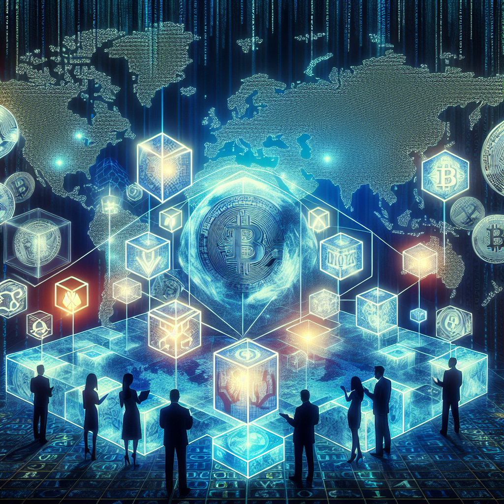 Symbolic image of blockchain and cryptocurrency reshaping global finance with people interacting around digital assets.