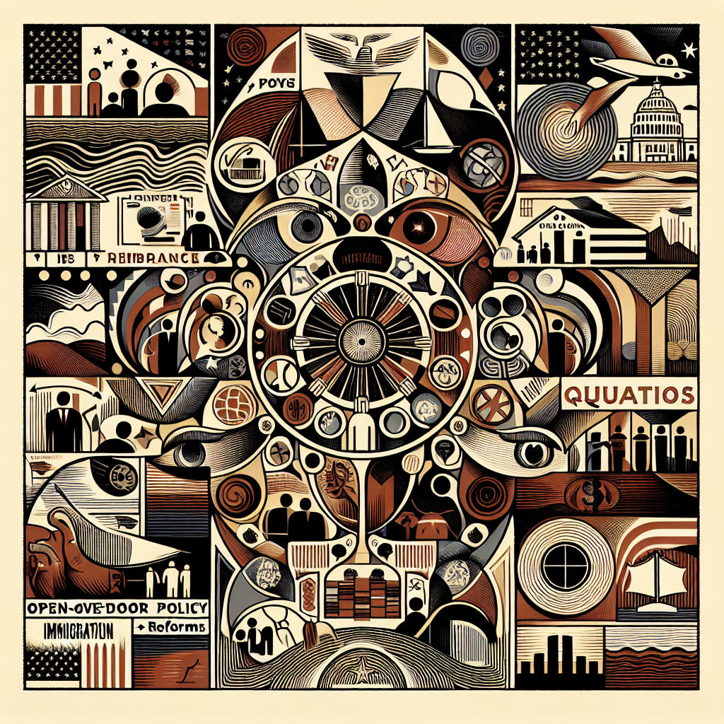 A symbolic and abstract depiction of the evolution of immigration policy in the United States.