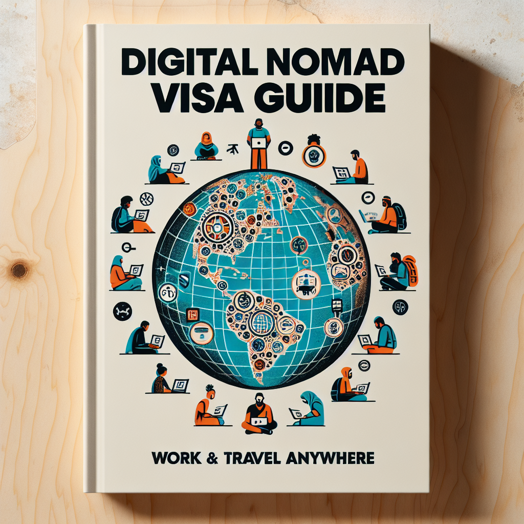 An illustrative guide cover for the '2024 Digital Nomad Visa Guide'. The layout consists of a globe at the center, overlaid with varying Internet and technology symbols representing the di...