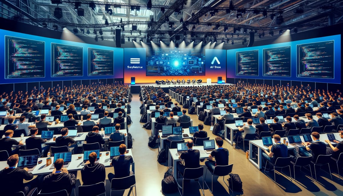 Professional developers attending WeAreDevelopers World Congress 2025 in Berlin, showcasing AI and software development innovations in a modern conference setting