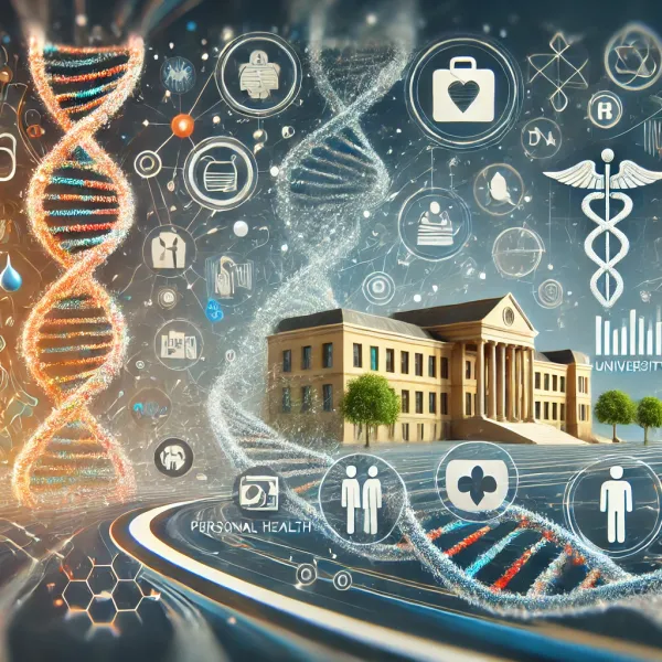 Conceptual illustration of biohacking, health trends, and university mask policies with wearable tech and DNA symbols