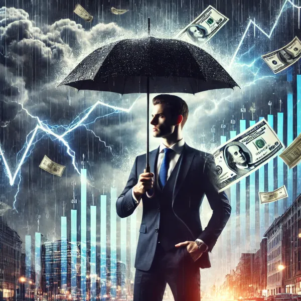 A symbolic representation of financial stability in turbulent times, featuring a golden balance scale and market charts in the background.