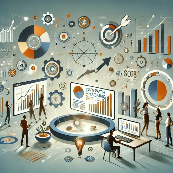 Conceptual illustration of a startup team applying growth hacking techniques with dashboards and digital tools