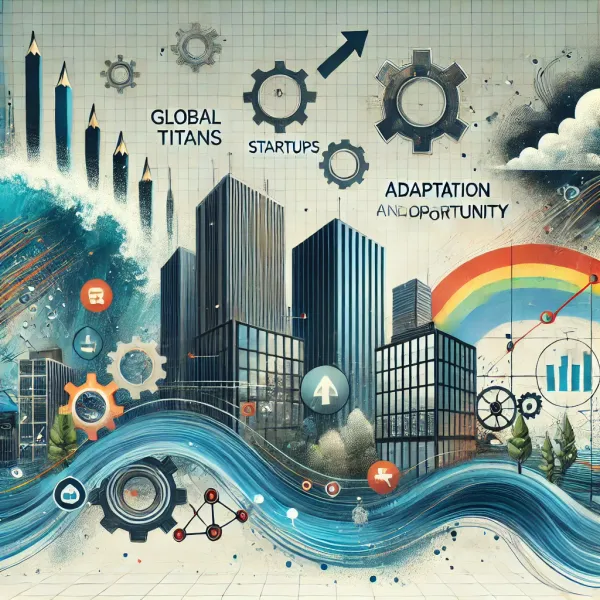 Illustration of tech giants and startups navigating global crises and opportunities