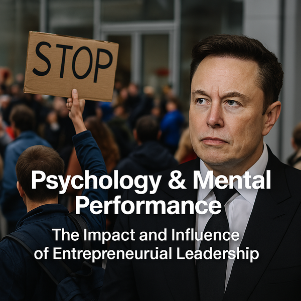 Elon Musk contrasted with protest scene, illustrating the psychological impact of entrepreneurial leadership and public backlash.