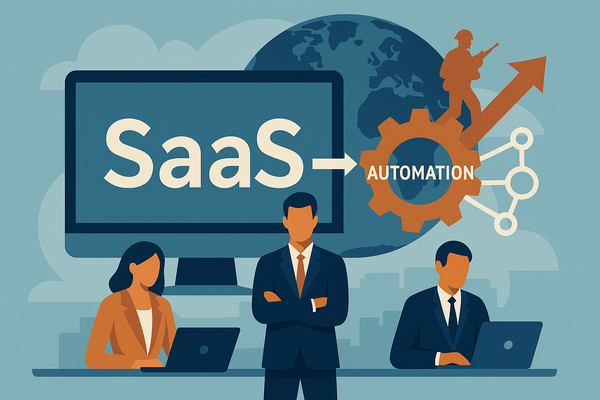 A conceptual digital illustration of SaaS and automation transforming global business under pressure from geopolitical events.
