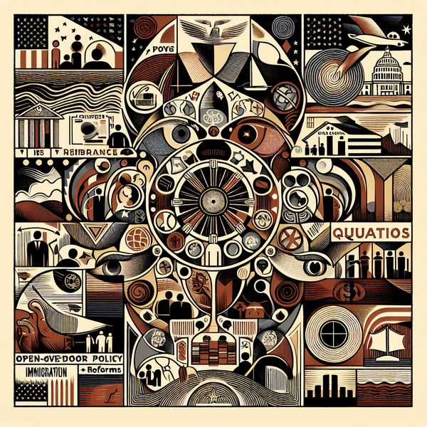 A symbolic and abstract depiction of the evolution of immigration policy in the United States.