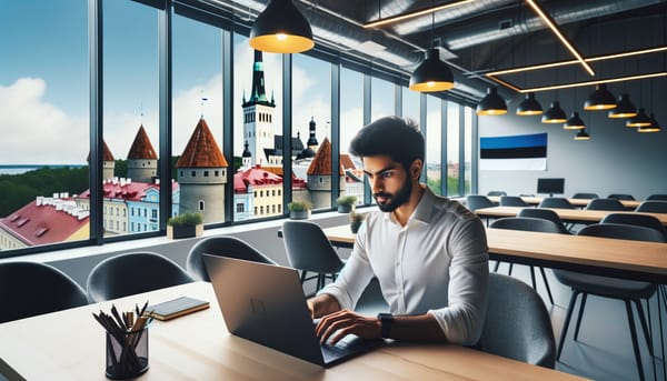 Digital nomad working on laptop in modern Tallinn office with Estonian flag visible, representing the Estonia Digital Nomad Visa program and remote work opportunities in the Baltic region